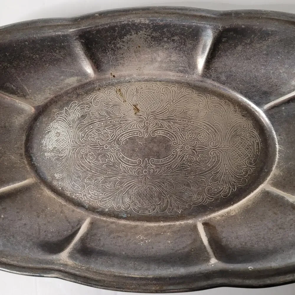 Vintage Silver Oval Chippendale Style Serving Plate 12X7 inches